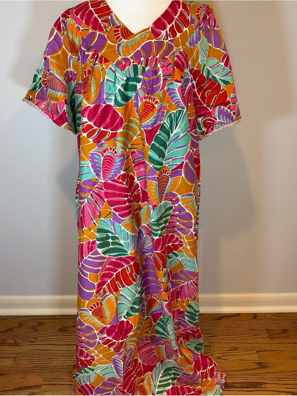 70s Sears Roebuck Hawaiian Muumuu Caftan Tropical Maxi L Granny Patio Dress Tiki